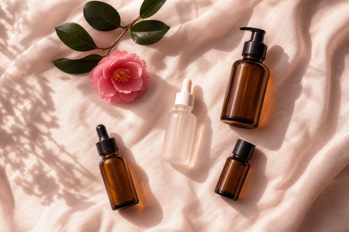 Stilleben med amber- och frostade glasflaskor och en rosa kamelia — illustration till rankningen av Beauty of Joseon-sortimentet