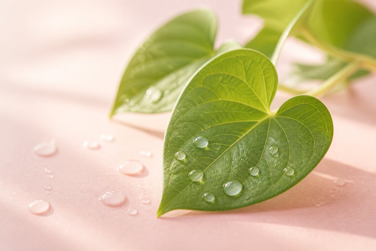 Hjärtformade heartleaf-blad med daggdroppar på rosa yta — den lugnande hanbang-växten som återkommer i koreansk hudvård för ung hud