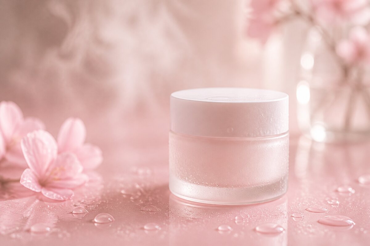 En dimmig, dewy scen med en frostad glasburk på rosa yta — fukt och sovmask