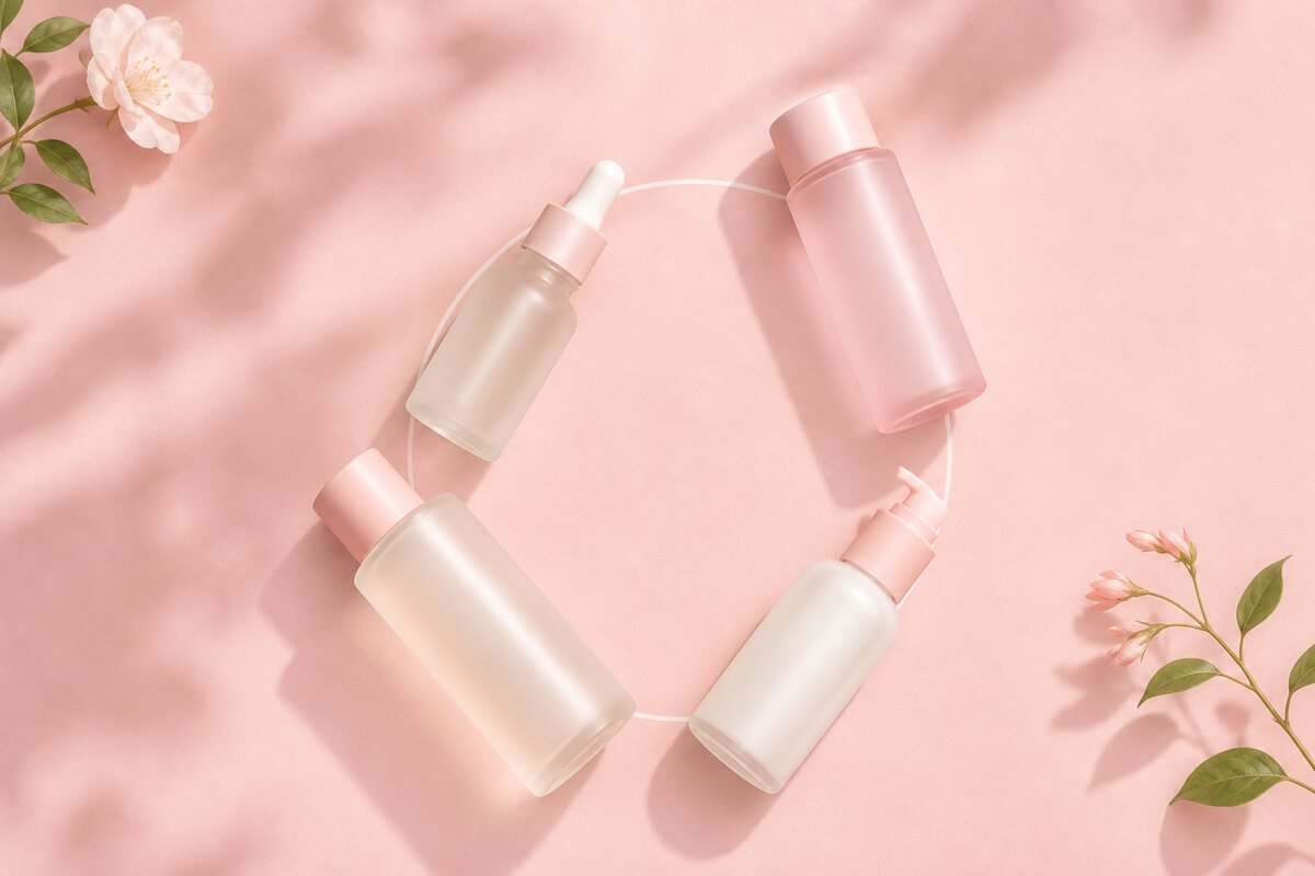 Fyra oparfymerade hudvårdsflaskor arrangerade i en cirkel sett ovanifrån — symbol för att rotera syror med återhämtningskvällar i koreansk exfoliering